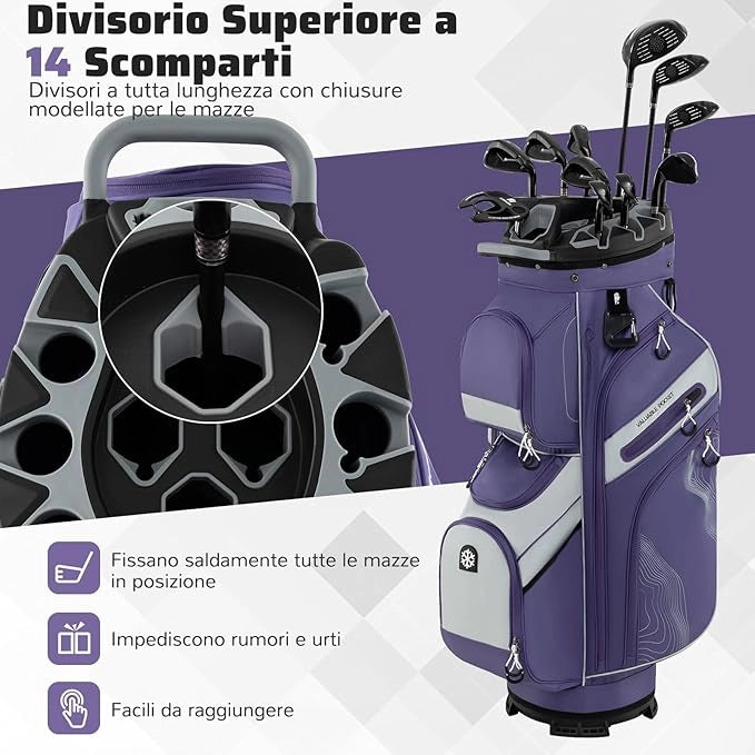 Borsa Carrello da Golf, Sacca da Golf con Serratura e Divisori a 14 Vie, 11 Tasche, Sacca Isolante, Tracolla Imbottita, Maniglie, Porta Ombrello e Cappuccio Antipioggia