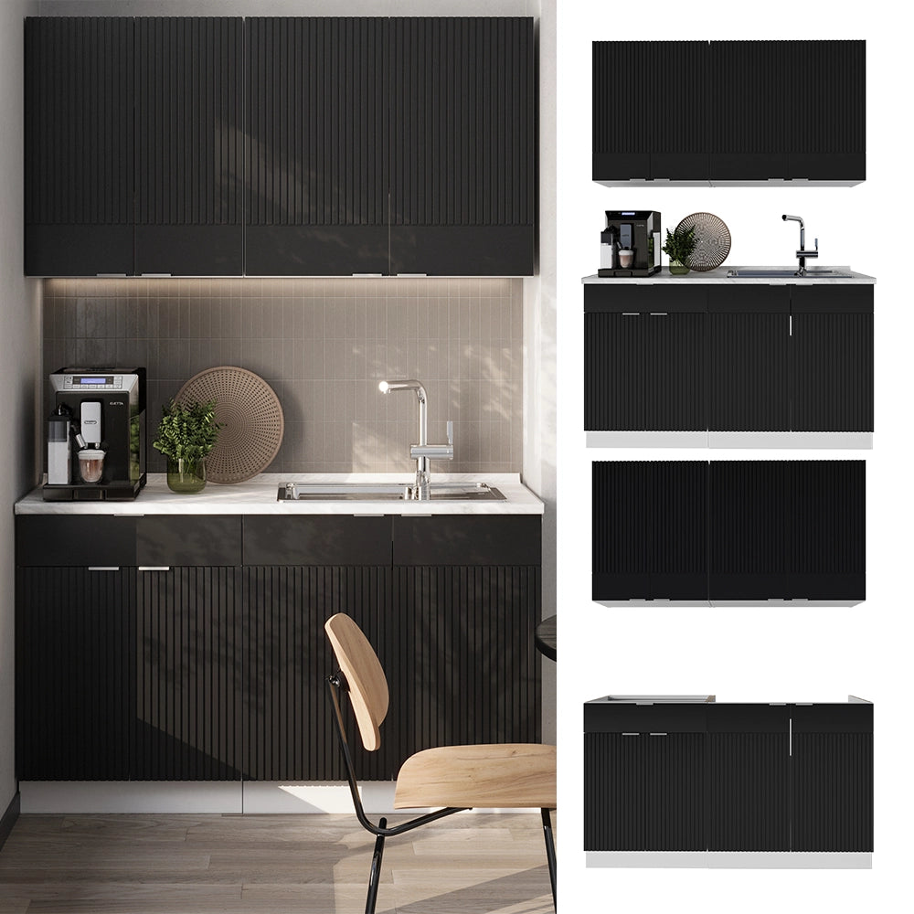 Cucina completa Fame-Line Nero rigato/Bianco 140 cm senza piano di lavoro Vicco