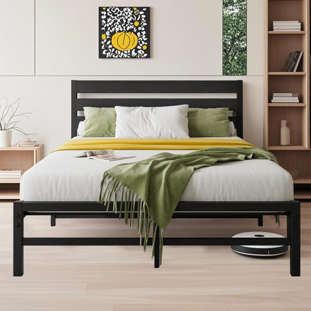 Letto singolo 90x200 cm in metallo e MDF con testiera a pannelli; nero