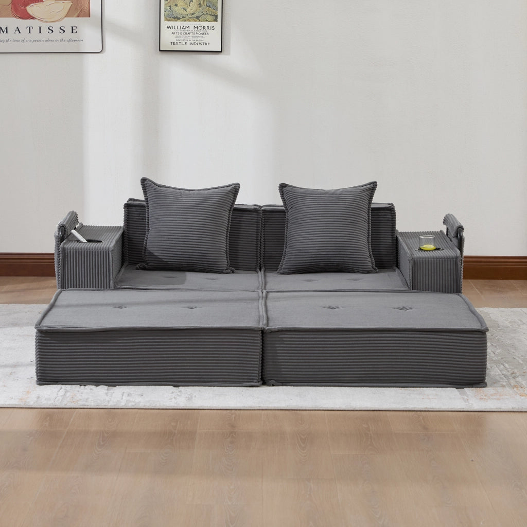 Fauteuil pouf modulare con tasche laterali e cuscini, seduta ergonomica per relax in velluto a coste grigio scuro