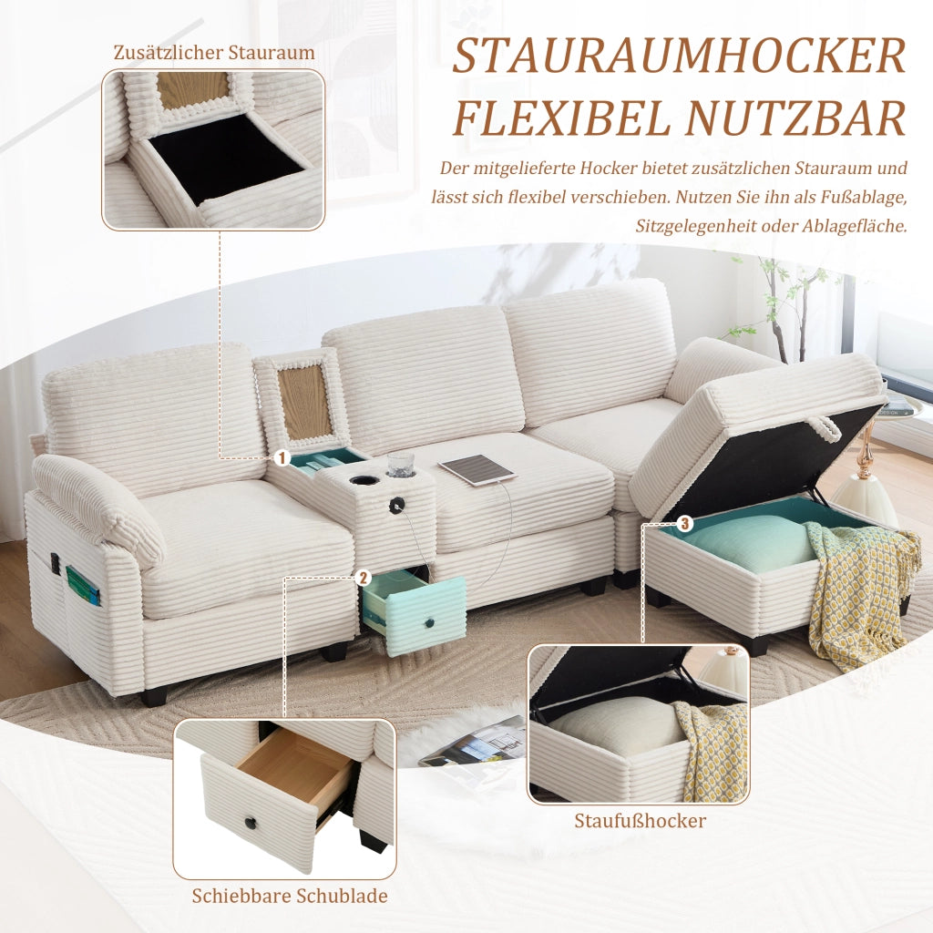 Divano modulare 4 posti - con console scorrevole e pouf contenitore - in velluto a coste beige