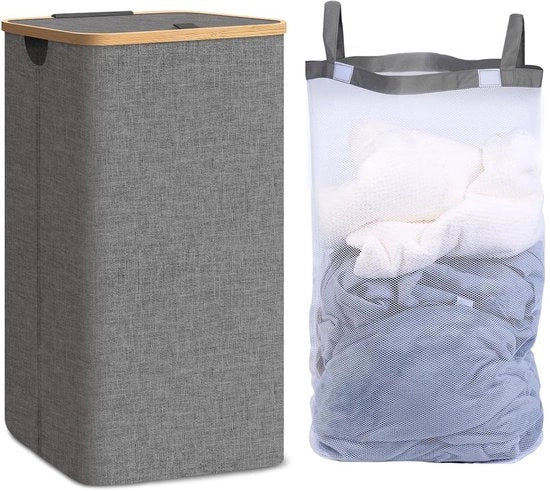 Wasmachine 100L con coperchio, asciugatrice con taschetto rimovibile e lavabile, asciugatrice con maniglie in bambù, asciugatrici pieghevoli per bagno, camera da letto, dormitorio (grigio)