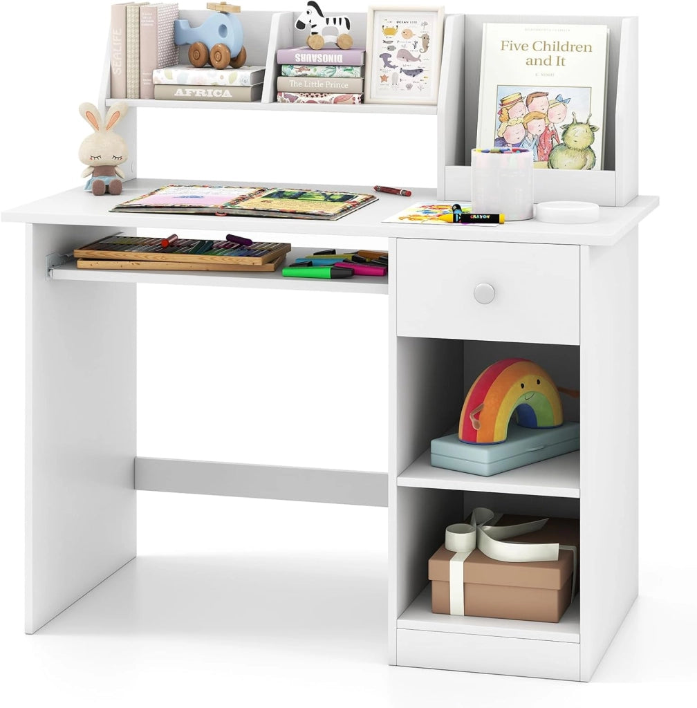 Scrivania per Bambini 3-6 Anni, Tavolo in Legno con Vassoio per Tastiera e Cassetto, Libreria Laterale e Mensole Superiori e Ampio Piano del Tavolo, Ideale per Cameretta (Grigio)