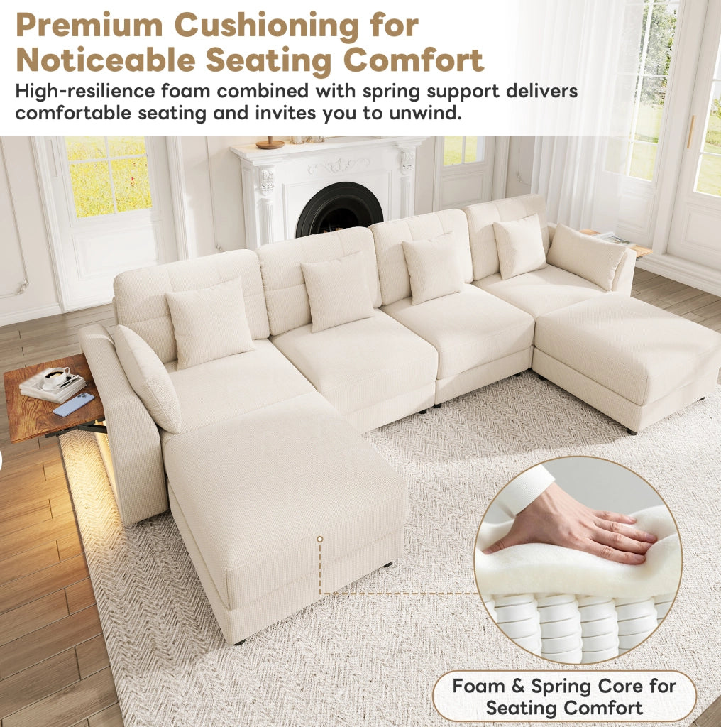Divano modulare a U/L con 2 pouf; LED e tavolini pieghevoli; ciniglia beige
