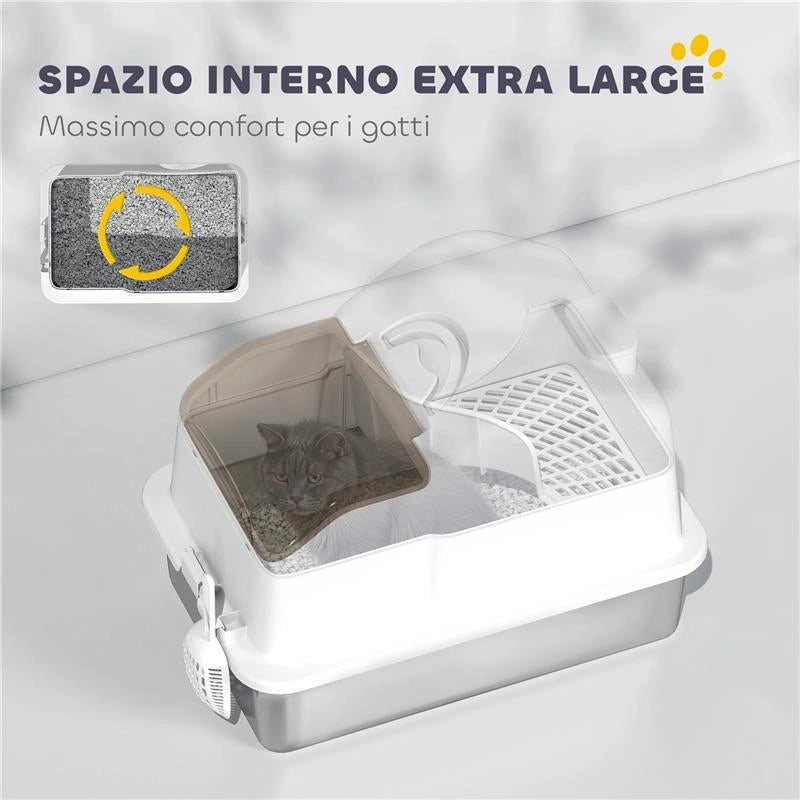 LETTIERA PER GATTI CHIUSA CON 2 TAPPETINI, IN ACCIAIO INOX, ABS E PP, 60.5X40.5X42 CM, BIANCA E ARGENTO