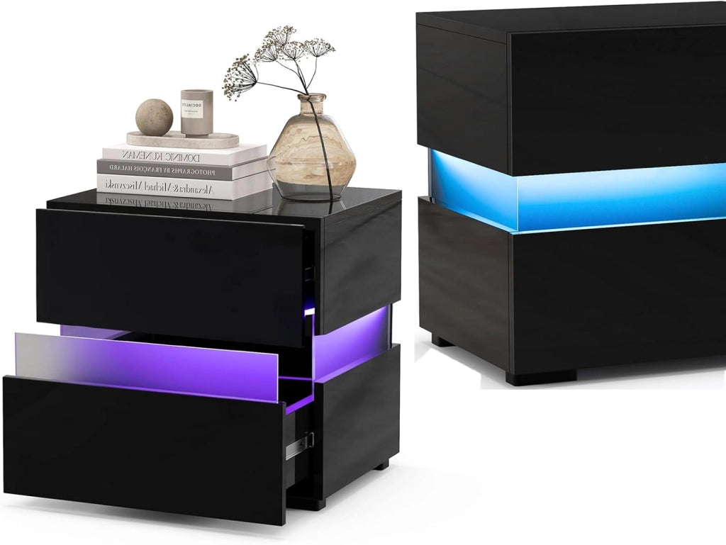 Comodino Camera da Letto con Luce LED, 22 Modalità di Luce, 10 Velocità, 5 Luminosità e Telecomando, Comodino Piccolo con 2 Cassetti,Tavolino Moderno per Soggiorno, Studio (2, Nero)