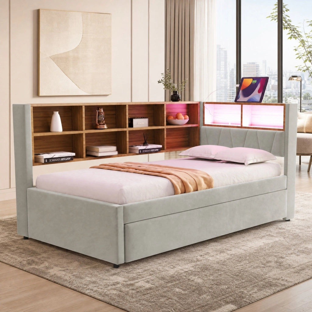 LETTO Divano letto estraibile 90x200 cm con LED e prese Flanella grigio chiaro