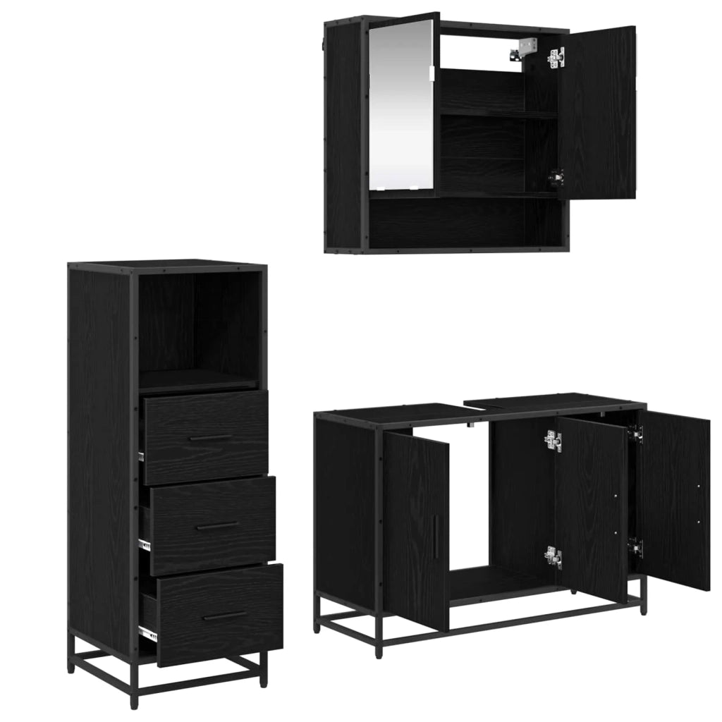 Set di mobili per il bagno 3 pcs Rovere Nero Legno multistrato