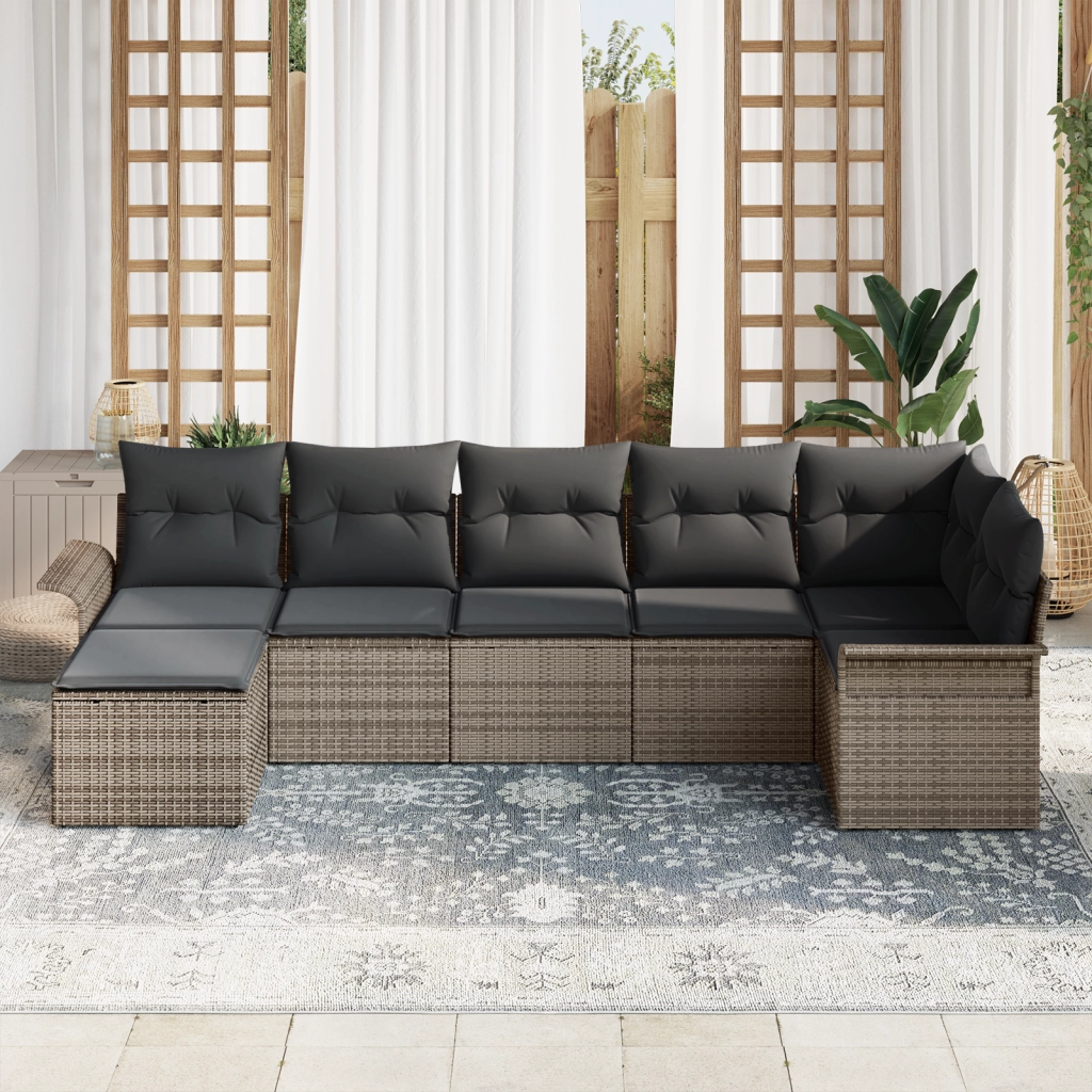 Set di divano da giardino a 7 pezzi con cuscini grigio in polyrattan