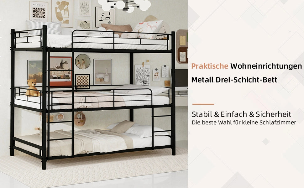 LETTO a Castello Triplo in Metallo Nero con Scale Integrate
