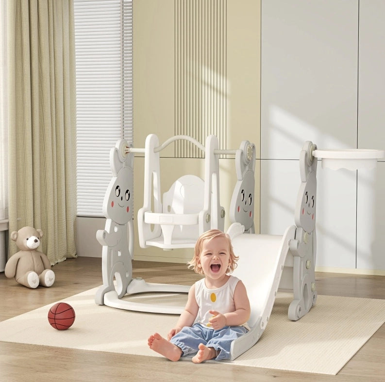 Parco giochi 4 in 1 per bambini con scivolo, altalena e canestro in plastica grigia stabile