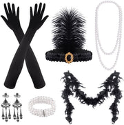 Set Completo di Costume da Festa per Donna - 20 Anni - 9 Pezzi - Cintura a Flapper - Guanti Lunghi Neri - Orecchini - Collana - Veste a Boa Nera Vintage - Abito da Sposa