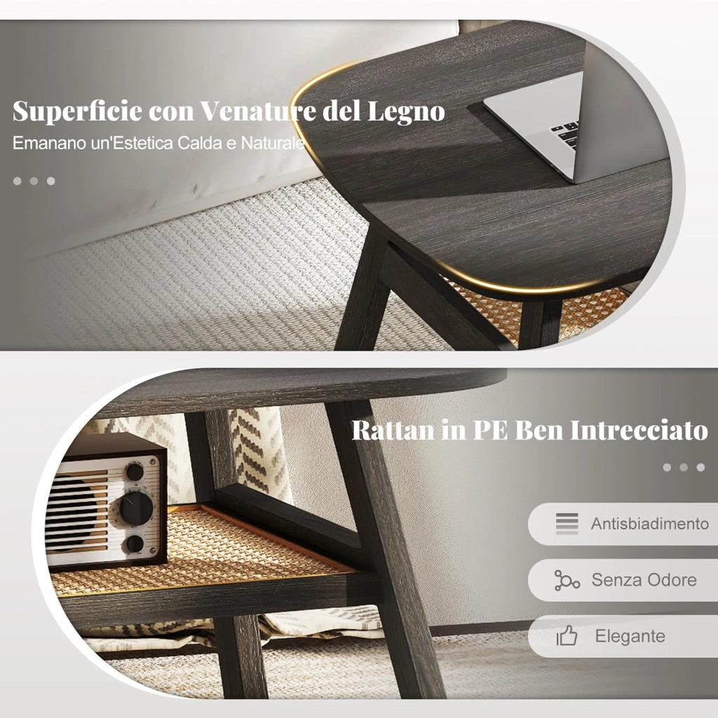 Tavolino da Salotto, Tavolo da Caffè a 2 Livelli in Rattan e Gambe in Legno di Gomma, Tavolo Rettangolare per Soggiorno, Ufficio e Salone, Portata 9,5 kg, 100 x 55 x 44,5 cm