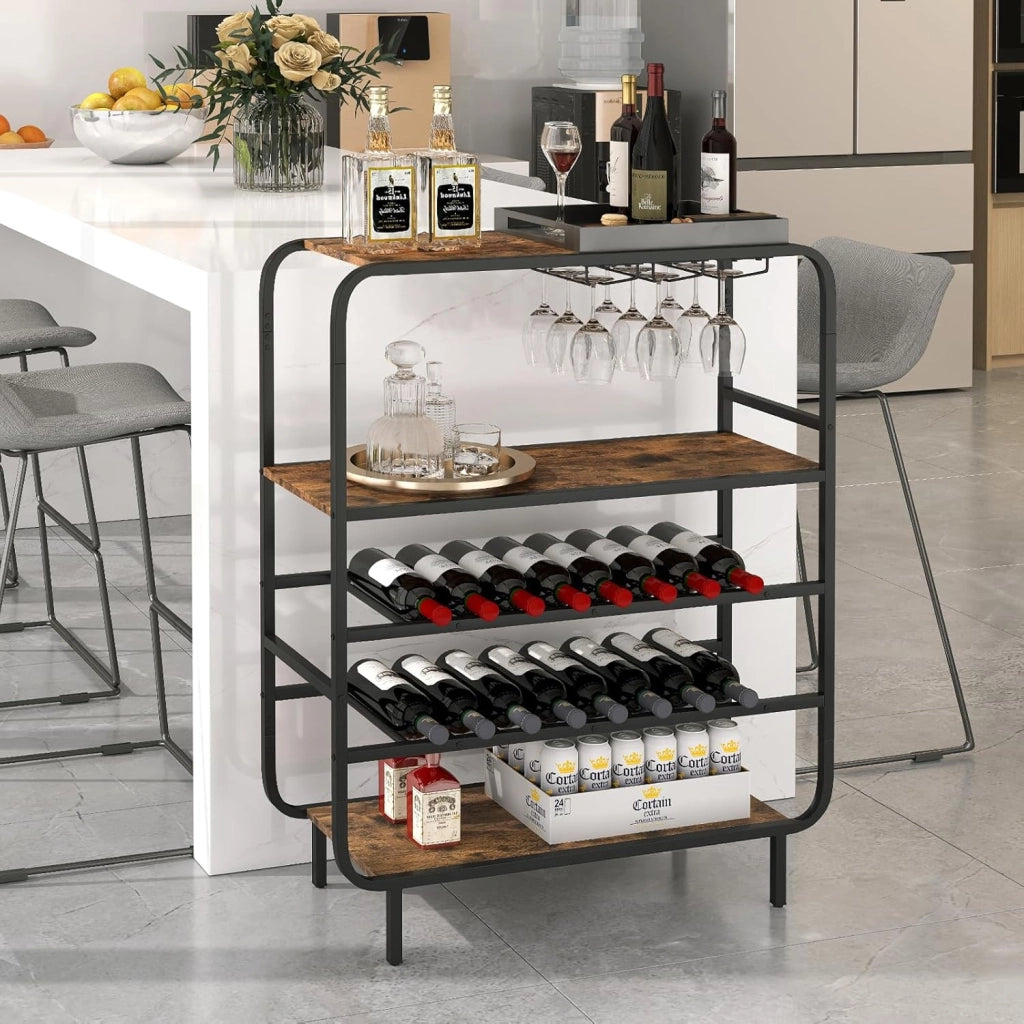Scaffale per bottiglie a 5 ripiani, autoportante per 16 bottiglie, portabottiglie con supporto in vetro, 3 ripiani in legno e telaio in metallo, portabottiglie per vino, cucina, bar, soggiorno