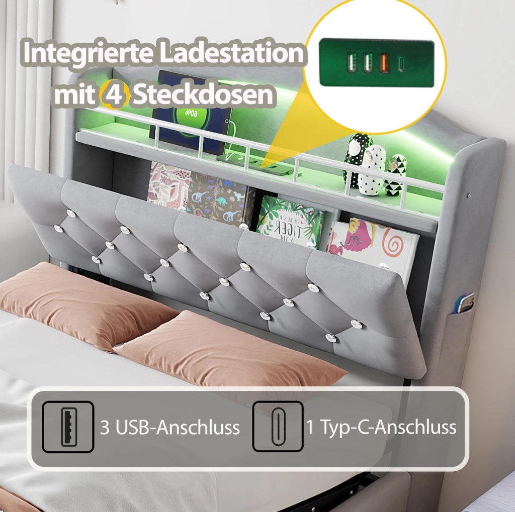 Letto imbottito per bambini 90x200 cm con LED, USB e contenitore