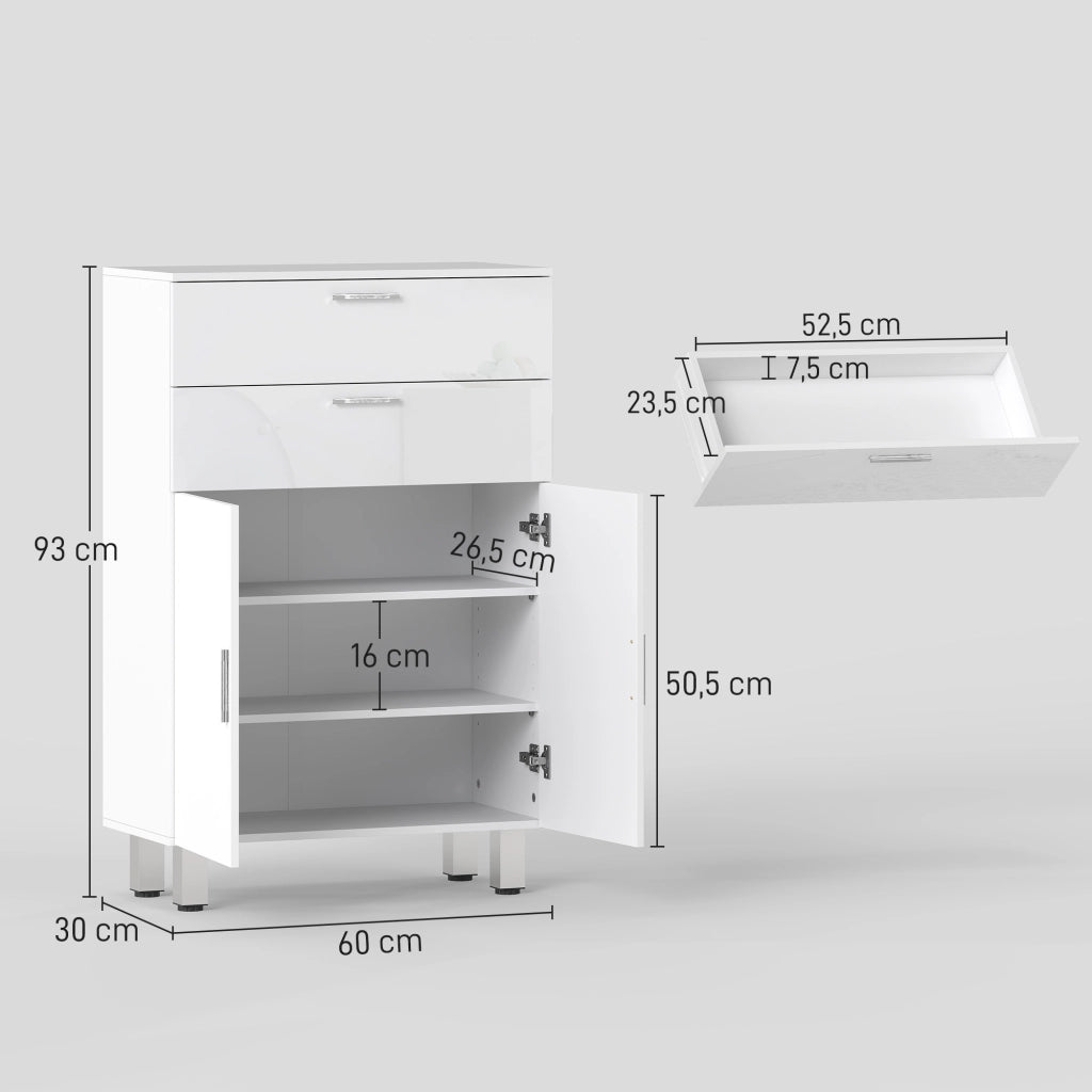 Armadietto da bagno con 2 ante e cassetti ¨C Zephmum ¨C 60x30x93 cm bianco lucido