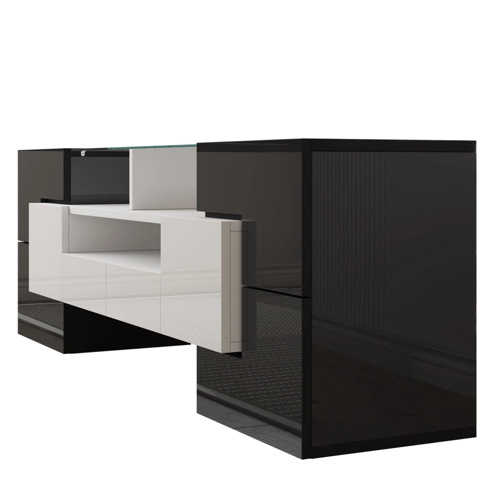 Mobile TV moderno con LED multicolore; 145 cm; bianco lucido e nero
