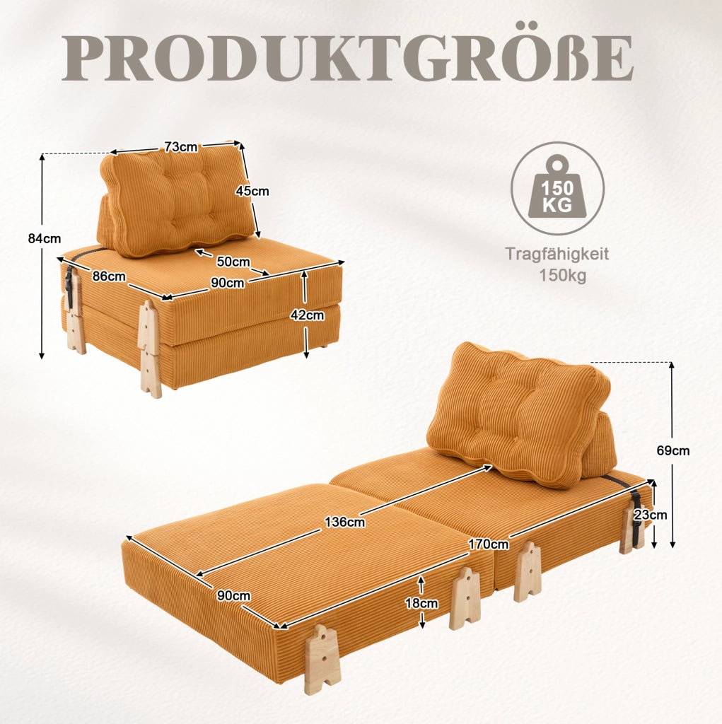 Poltrona pieghevole trasformabile in letto 90x86x84 cm in velluto a coste arancione