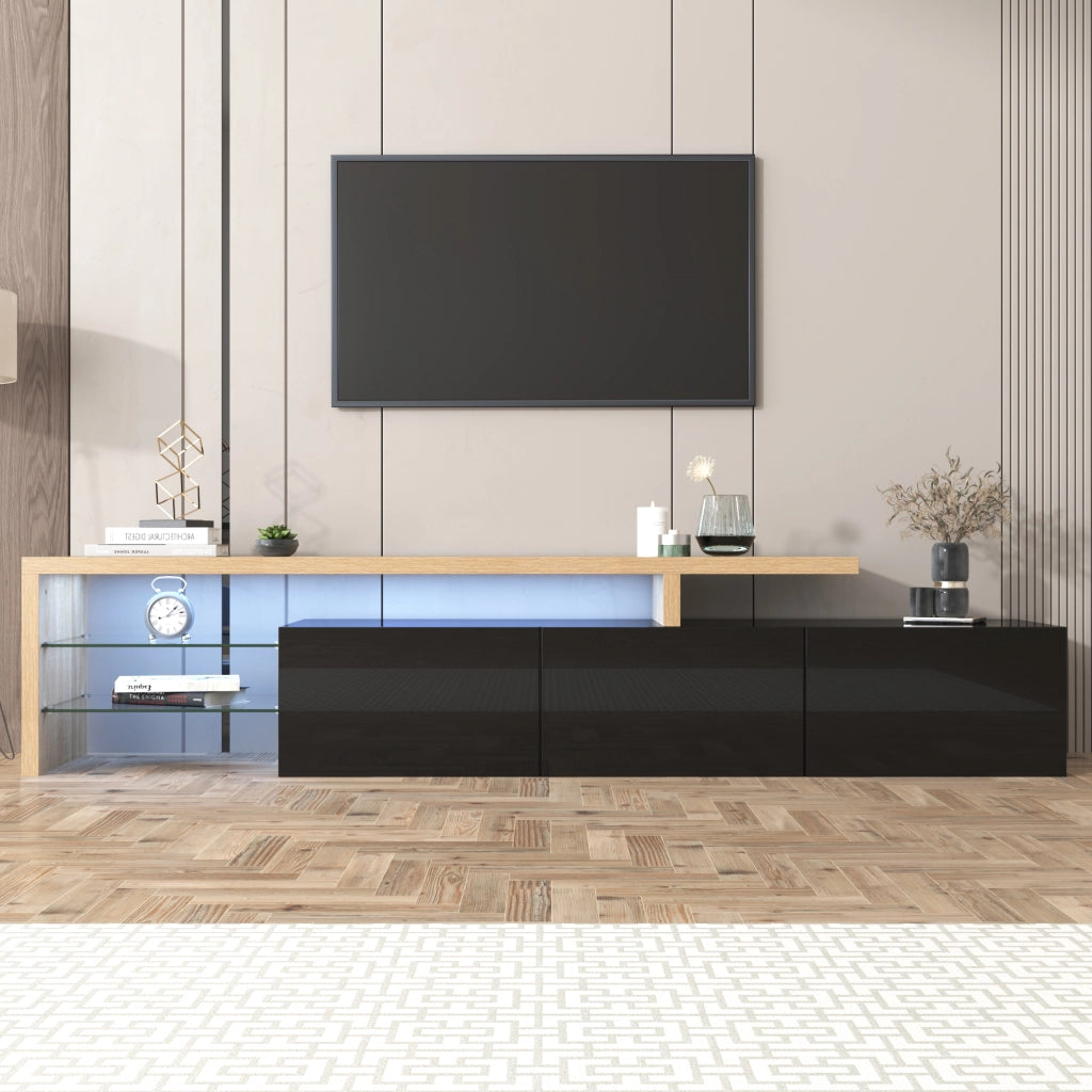 Cassettiera per TV Nero Naturale in MDF e vetro; lunghezza 197;5 cm