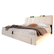 Letto Contenitore 180x200 cm; Matrimoniale - USB; Type-C; LED e Mensole - in Lino - Beige