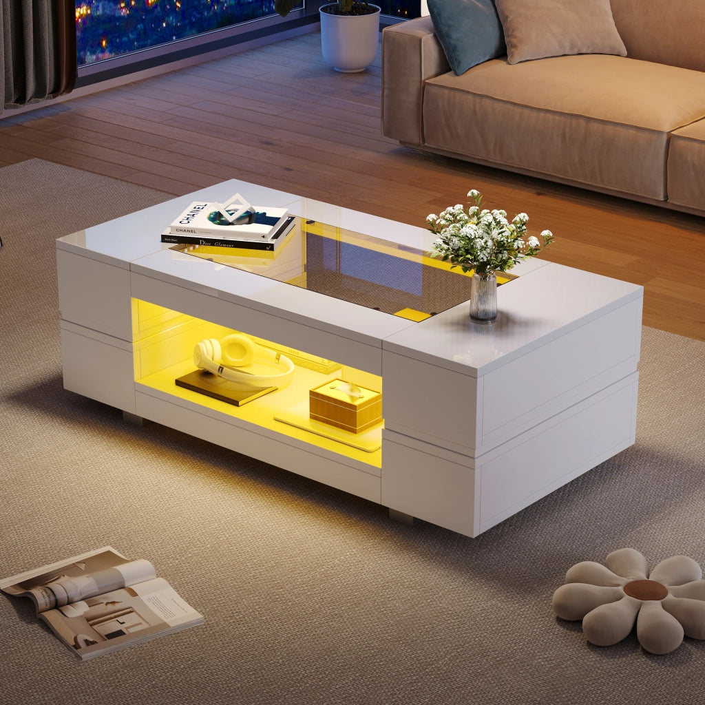 Tavolino da caffè con LED e 2 ripiani - per soggiorno - bianco - 100x50x35 cm