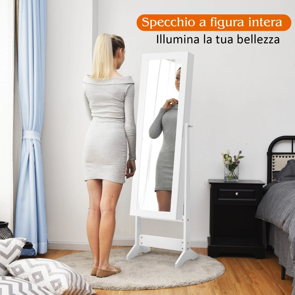 Armadio portagioie con specchio a figura intera, Armadio per gioielli con 64 spazi per orecchini Bianco-Armadietti per gioielli