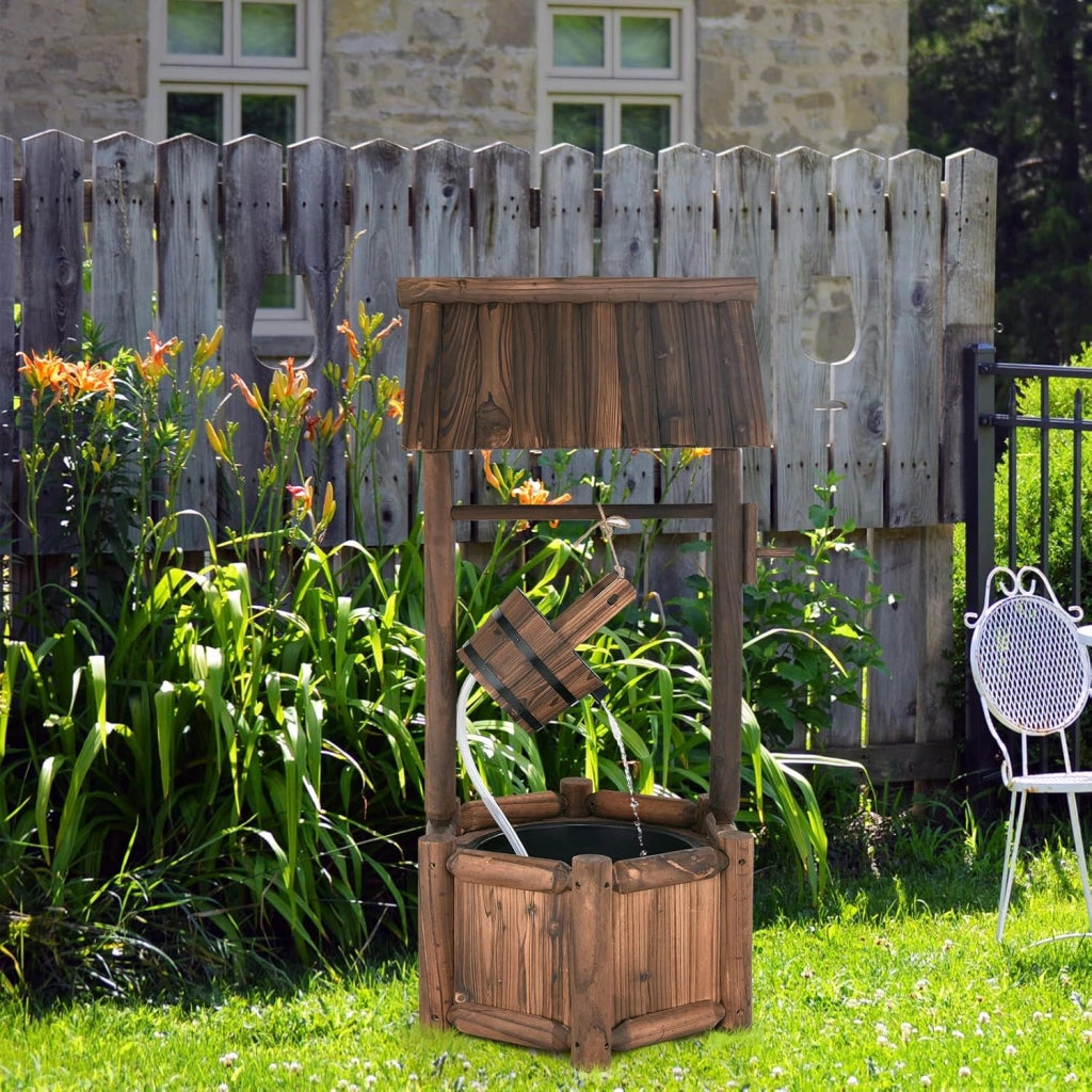 Pozzo da Giardino, Pozzo Decorativo con Pompa Elettrica, in Legno d'Abete, 58,5 x 51 x 117 cm, Marrone (Modello 2)