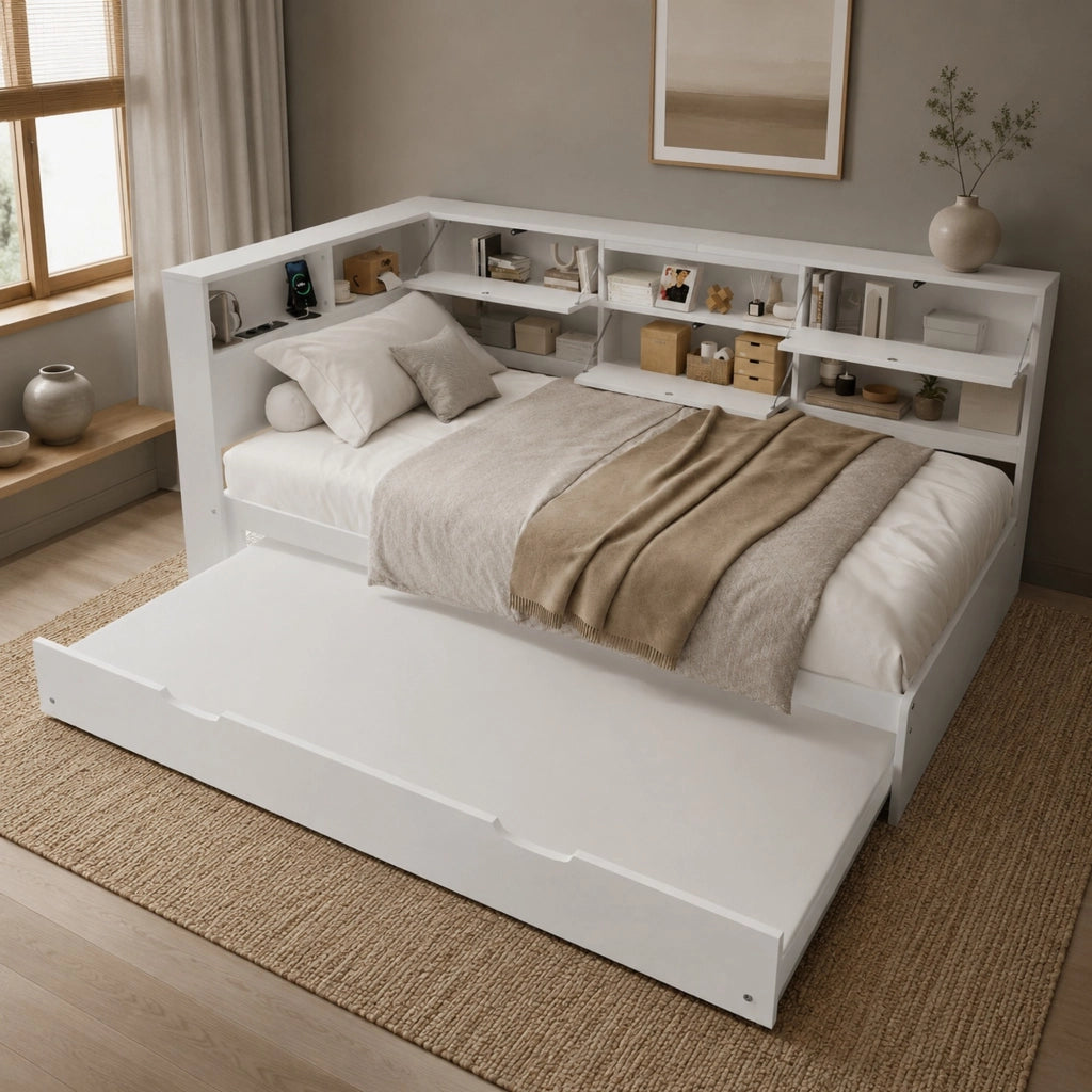 Daybed con letto estraibile 90x200 cm; testiera con vano contenitore e USB/Type-C; bianco