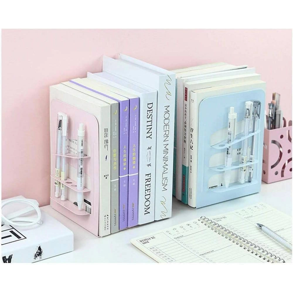 Trade Shop - Set 2 Pz Fermalibri In Metallo Con Portapenne Regolabili Libri Supporto Libreria -