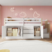 Letto a castello bianco con scala cassetti e armadietti in MDF 90x200 cm