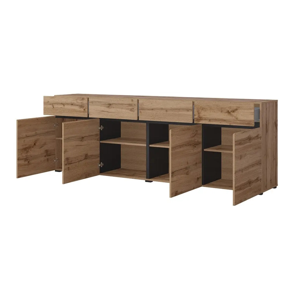 Buffet XL coloris chêne et noir 225cm collection HAVANA. Credenza design con 4 porte e 4 cassetti.