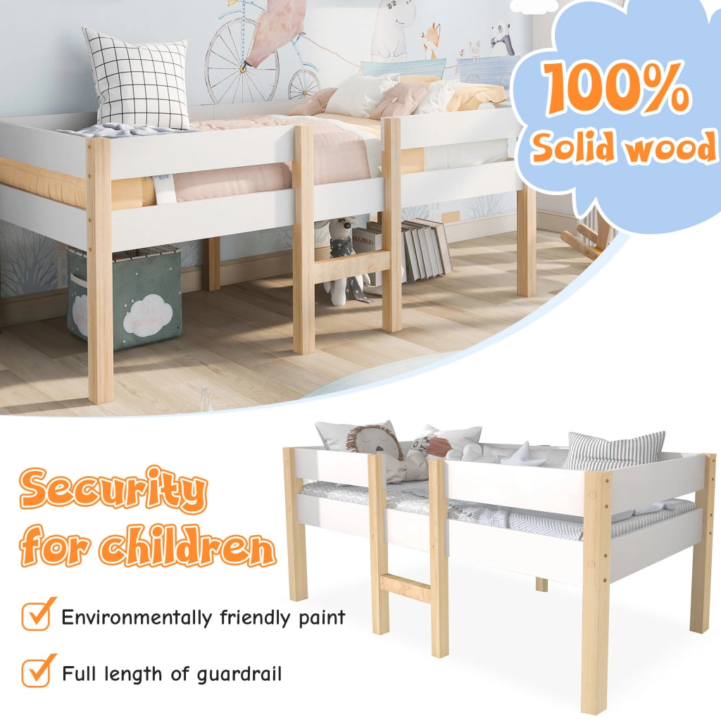 Letto semi-alto per bambini in pino massello bianco 90 x 200 cm
