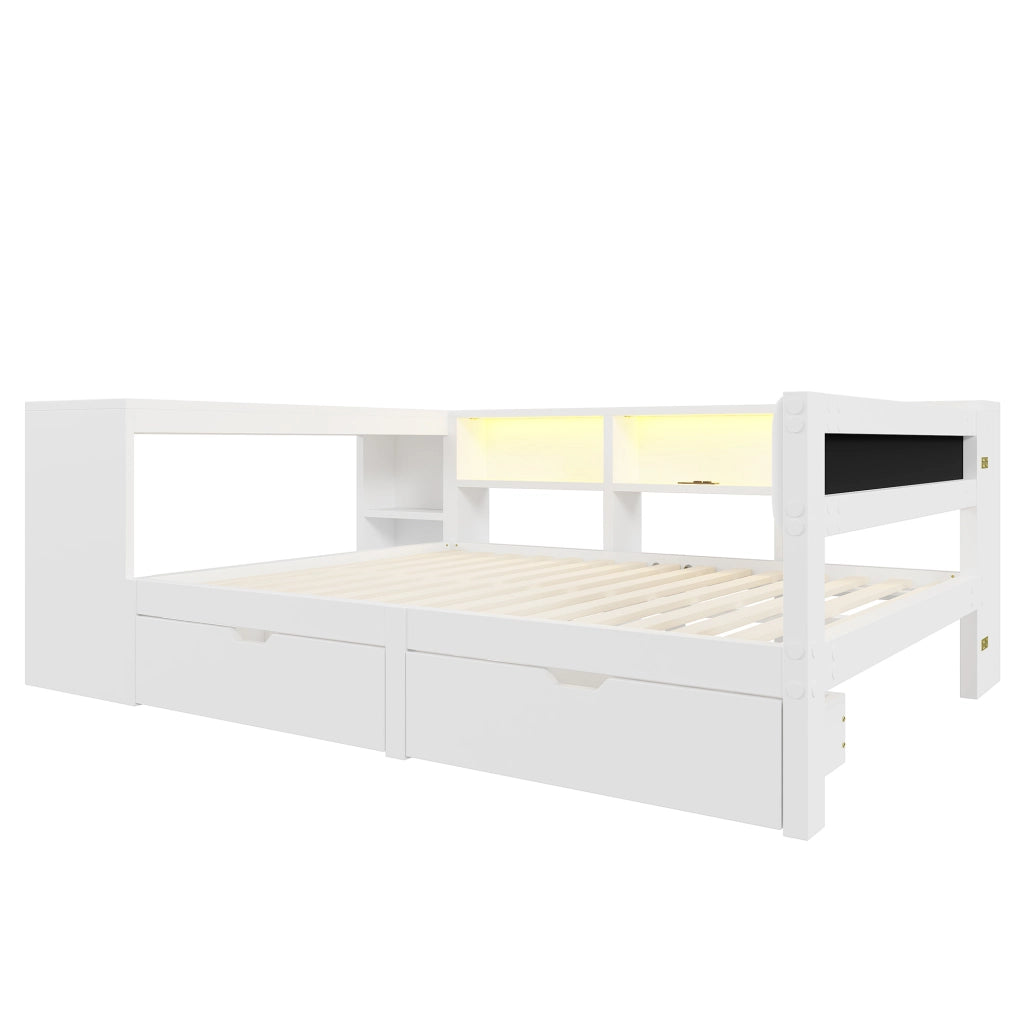 LETTO 140x200 cm Bianco con testiera imbottita, ripiani, cassetti e ricarica USB