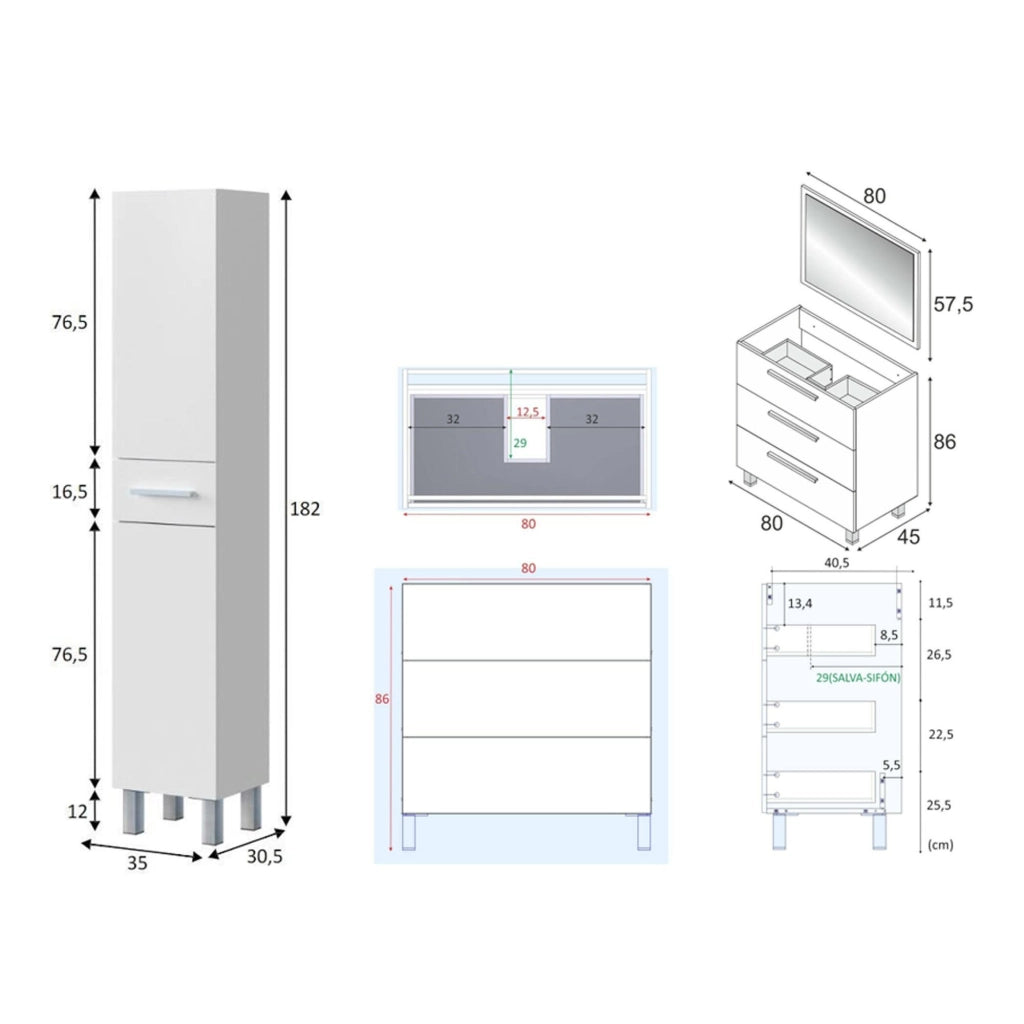 Florinas, set Mobili Bagno Specchio Incluso, Bianco Lucido