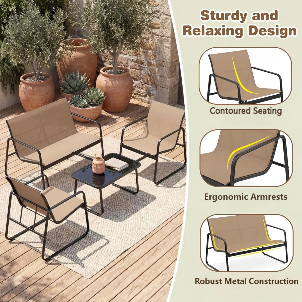 Set di Conversazione per Patio, Set di Mobili 4 Pezzi con Tavolino in Vetro Temperato, Ampio Divano a Due Posti, 2 Sedie Accoglienti, Tessuto Traspirante, per Giardino, Bordo Piscina