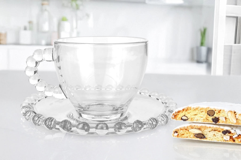 Set 6 Tazzine Da Tè Cappuccino In Vetro Con Piattino Eleganti 210 ML Lavabili In Lavastoviglie Trasparenti Certificate Contatto Alimentare In Elegante Confezione Regalo Ricamate Colazione
