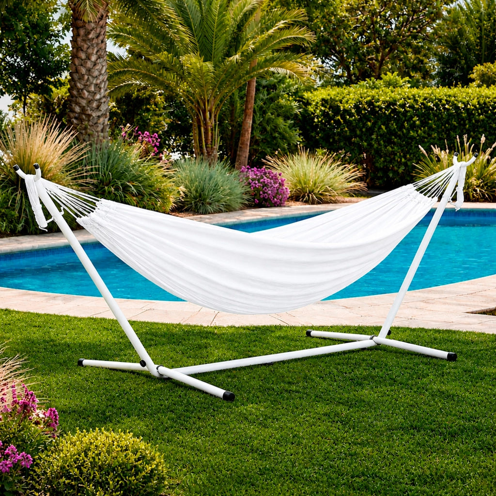 Amaca Brasiliana Con Supporto In Acciaio Altezza Regolabile Telo Cotone Da Esterno Per Giardino Balcone Piscina 100 x 110 x 265 Cm Bianco