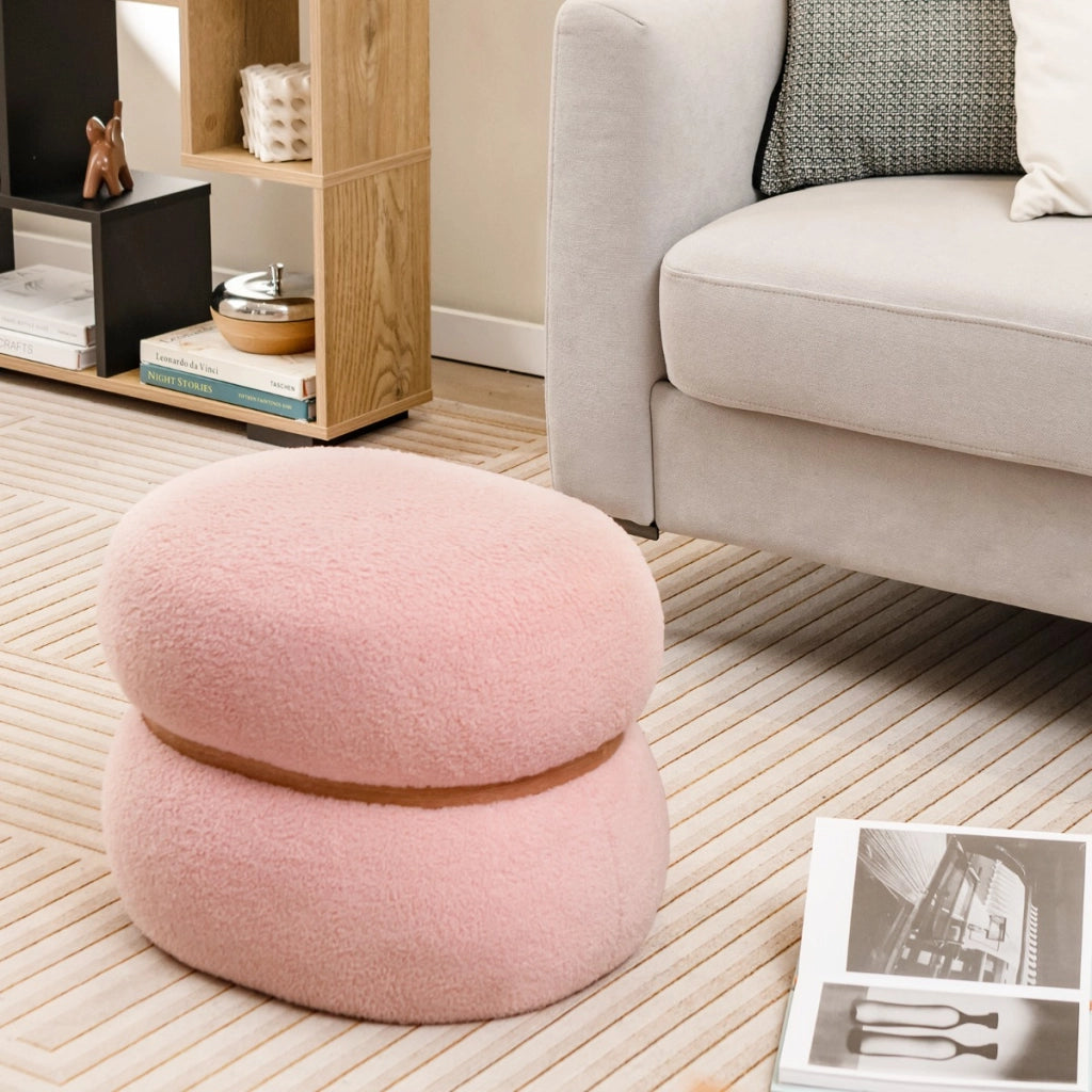 Ottomano ovale da 35cm con seduta imbottita e anello di legno piedini antiscivolo, Poggiapiedi con portata di 150kg Rosa-Sgabelli
