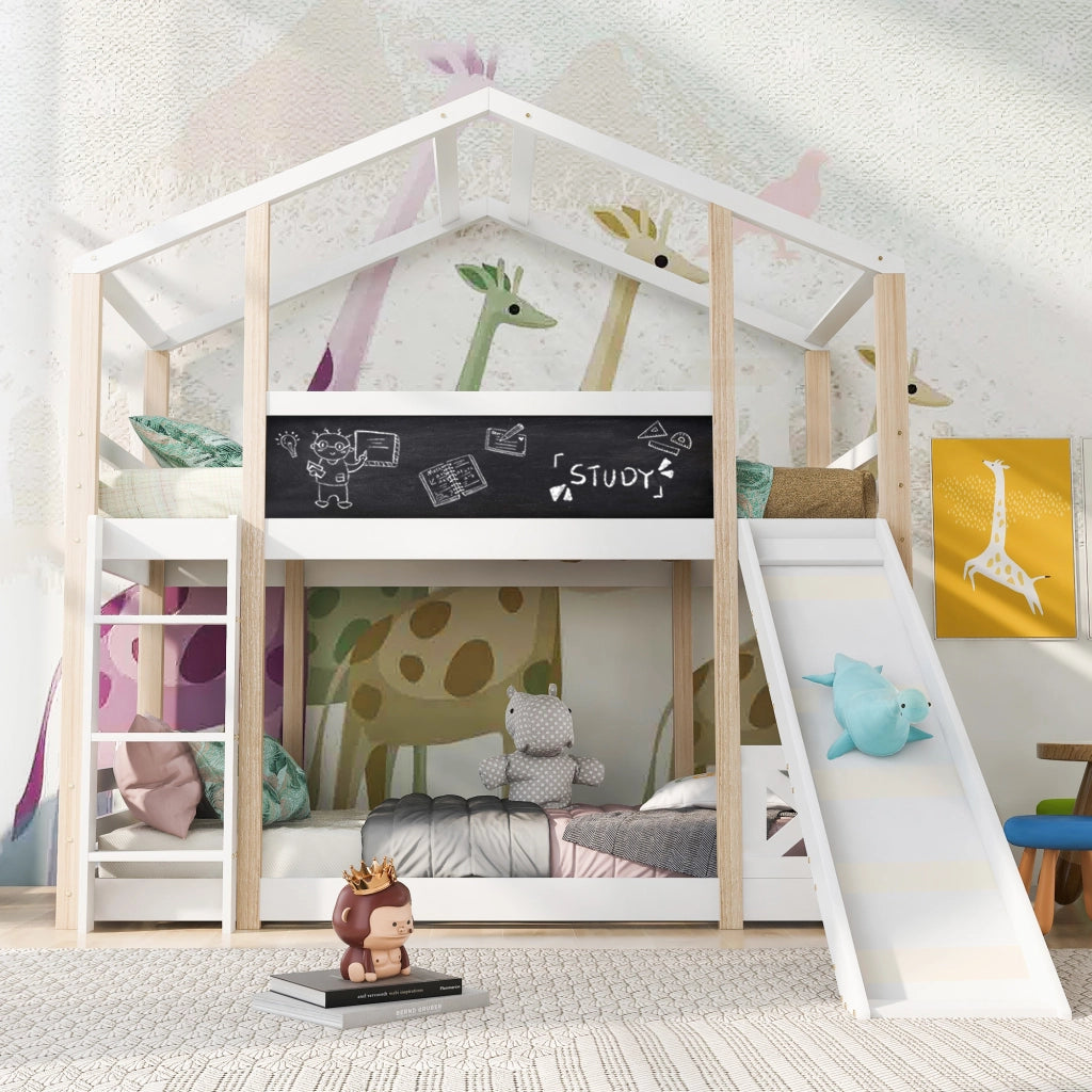 Letto a castello per bambini 90x200 cm con scivolo, scala e rete a doghe in legno massello bianco