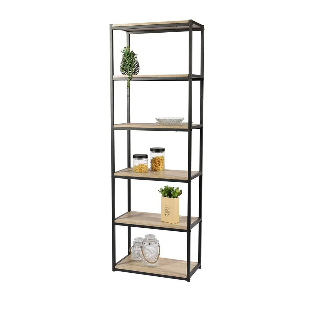 Libreria a 6 livelli collezione RANONG – Stile industriale, colore rovere e nero
