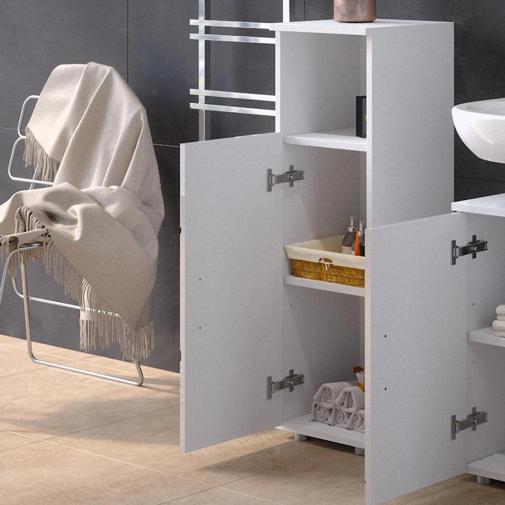 Mobiletto bagno Irma, Bianco lucido con inserti, 30 x 95 cm, per la conservazione di accessori da bagno e combinabile con Irma