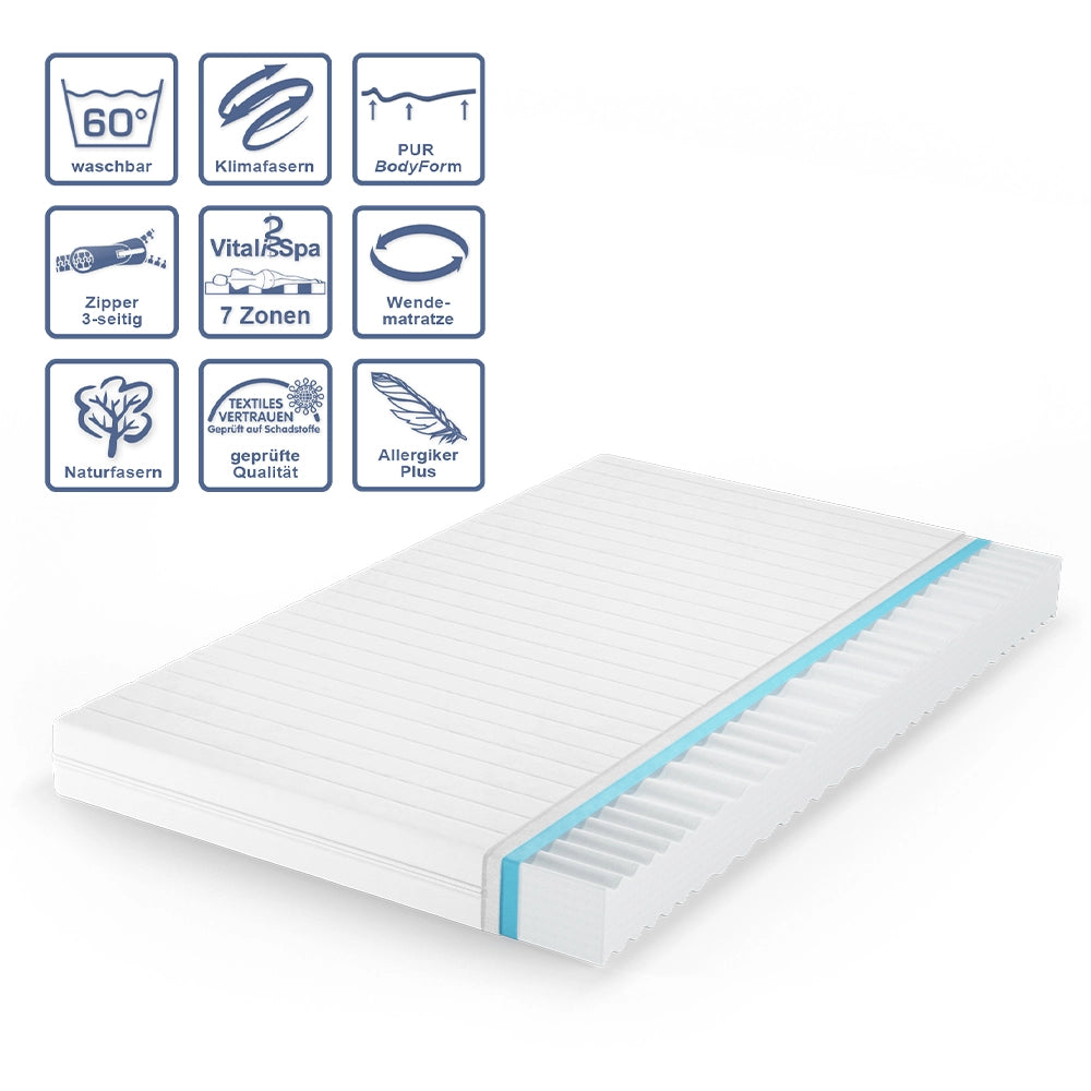Vitalispa Materasso in schiuma fredda Bianco 120 x 200 cm H3 grado di durezza, 7 zone