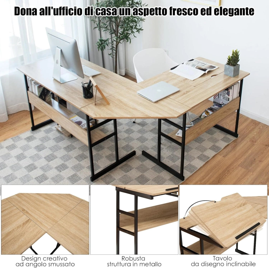 Scrivania Angolare 170 CM, Scrivania ad Angolo per Computer con Piano Inclinabile, Scaffale Inferiore e Supporto per CPU, Scrivania a Forma di L per Ufficio e Studio (Naturale)
