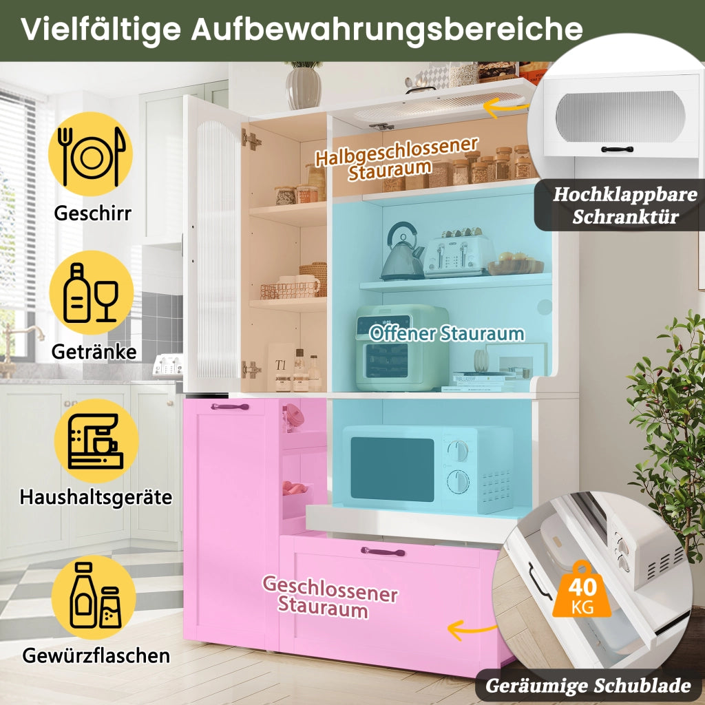 Credenza alta in MDF con ripiani regolabili, cassetto e vetro zigrinato per cucina soggiorno e sala da pranzo bianco