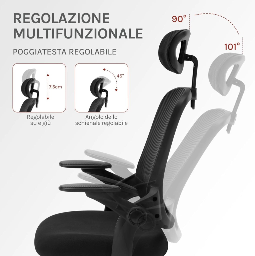Sedia Ufficio Ergonomica con Poggiatesta e Braccioli Regolabili, Supporto Lombare, Poltrona Scrivania Girevole in Rete Traspirante Funzione Dondolo, Nero