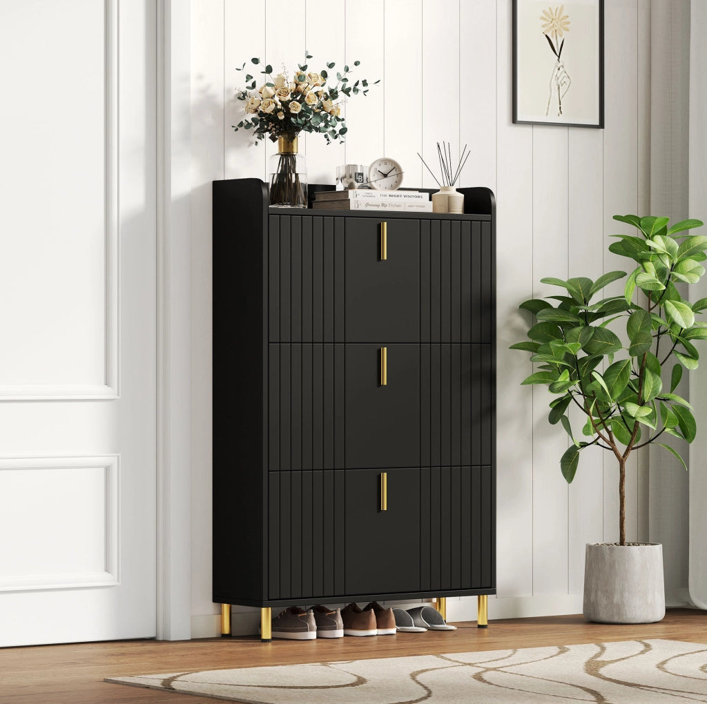 Armadio portascarpe a 3 ante ribaltabili 80x23x123;5 cm in MDF nero con dettagli dorati