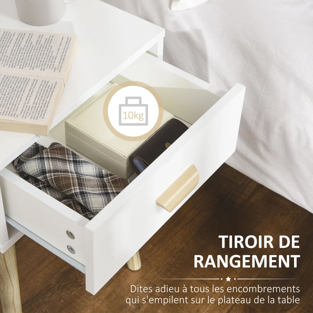 Comodino moderno con cassetto e gambe in legno massello ¨C zephmum ¨C 40.5x30.5x60 cm, bianco