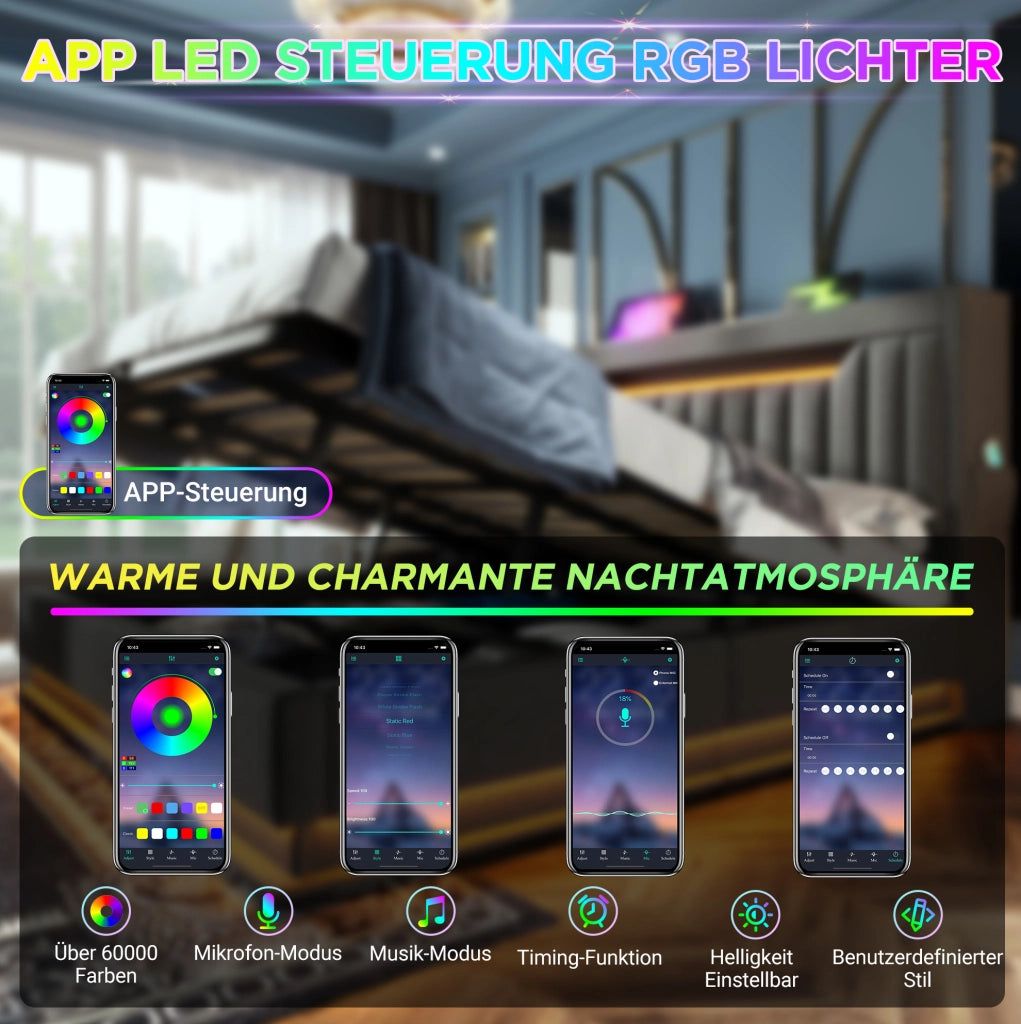 Letto matrimoniale imbottito 140x200 con contenitore; testiera USB e Type-C; LED; lino grigio