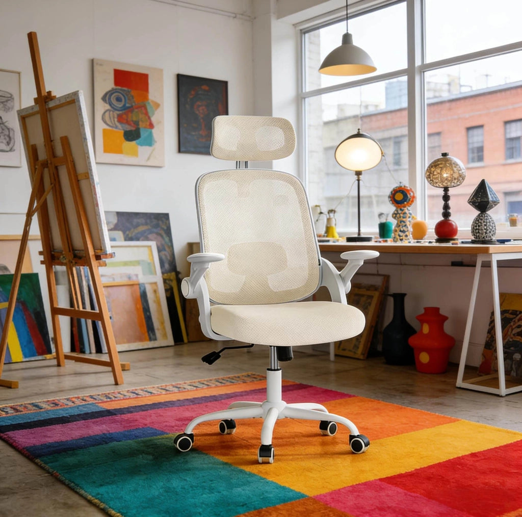 Sedia da ufficio ergonomica beige con poggiatesta e braccioli 3D