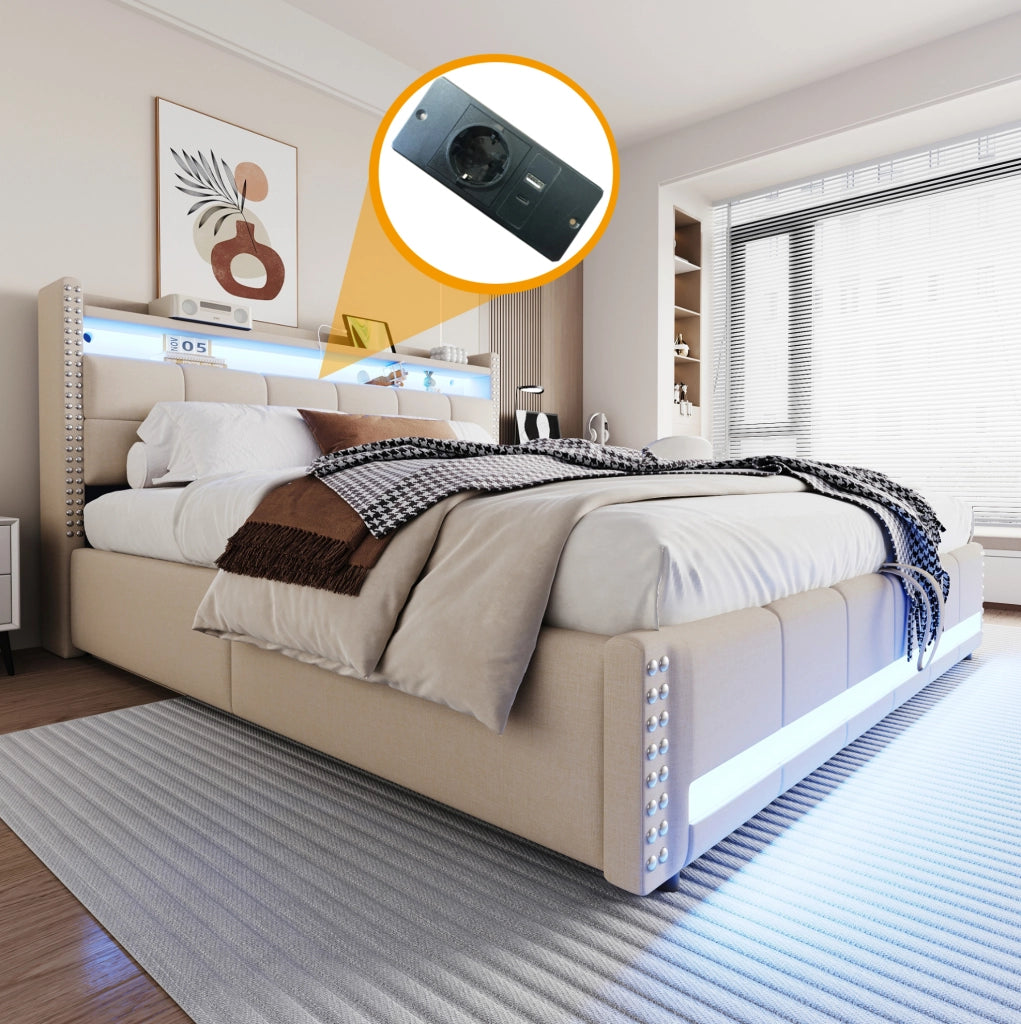 Letto matrimoniale imbottito 180x200 cm in tessuto effetto lino beige con LED; USB e contenitore